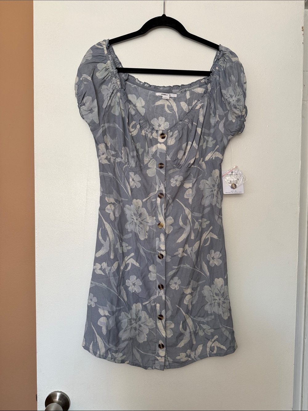 O’Neill Puff-Sleeve Button-Front Floral Dress - Light Blue and Cream